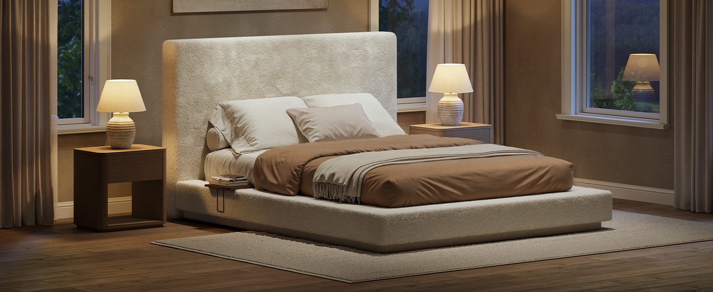 Evermagin White King Upholstered Bed Frame with Headboard,Soft Frame Cloud Bed with Adjust 2 Bedside Table,Modern Platform Cushion Bed Frame for Bedroom,No Box Spring Required, Easy Assembly