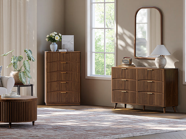 Evermagin 54" Wide Fluted 6 Drawer Dresser, Mid Century Modern Curved Dresser, Light Wood Chest of Drawers for Bedroom, Living Room and Entryway, Walnut