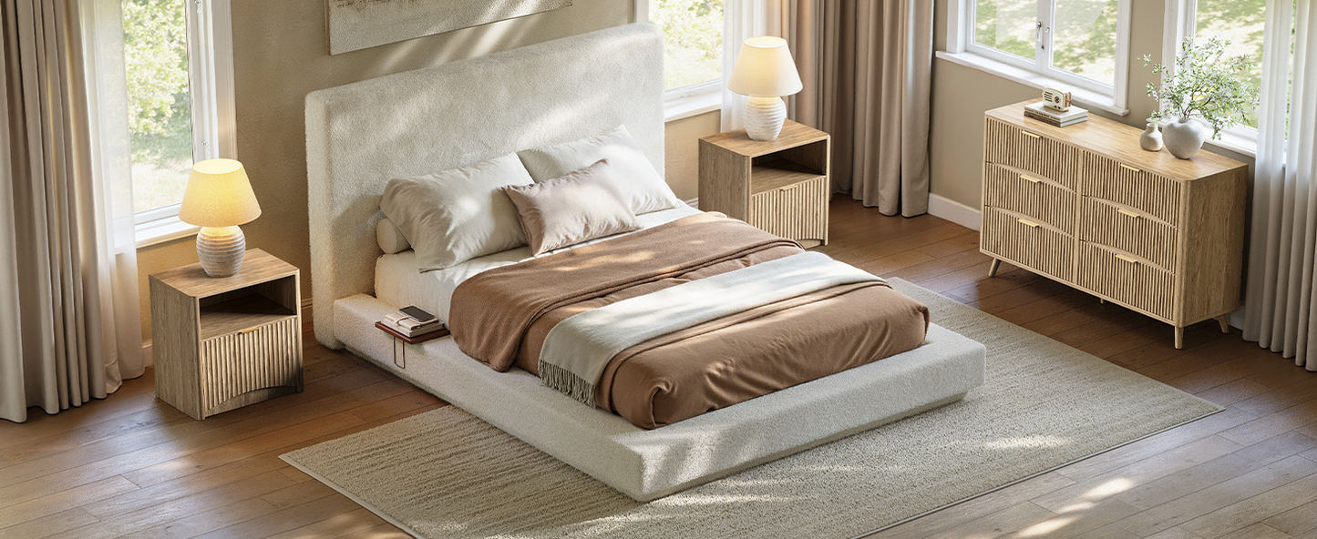 Evermagin White King Upholstered Bed Frame with Headboard,Soft Frame Cloud Bed with Adjust 2 Bedside Table,Modern Platform Cushion Bed Frame for Bedroom,No Box Spring Required, Easy Assembly