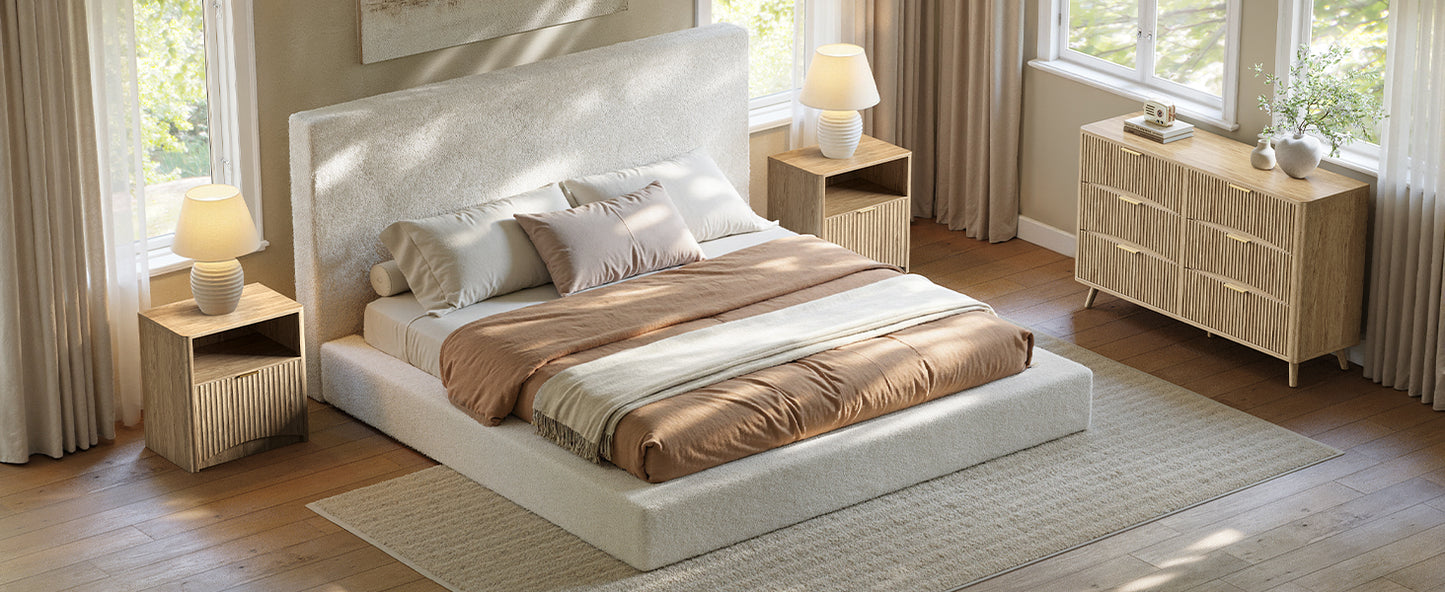 Evermagin White King Upholstered Bed Frame with Headboard,Soft Frame Cloud Bed with Adjust 2 Bedside Table,Modern Platform Cushion Bed Frame for Bedroom,No Box Spring Required, Easy Assembly