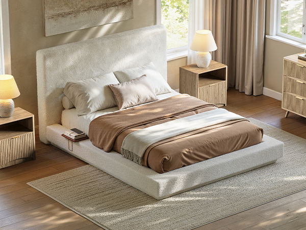 Evermagin White King Upholstered Bed Frame with Headboard,Soft Frame Cloud Bed with Adjust 2 Bedside Table,Modern Platform Cushion Bed Frame for Bedroom,No Box Spring Required, Easy Assembly