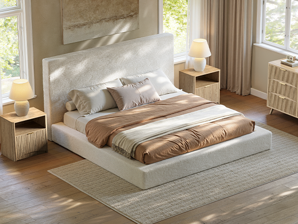 Evermagin White King Upholstered Bed Frame with Headboard,Soft Frame Cloud Bed with Adjust 2 Bedside Table,Modern Platform Cushion Bed Frame for Bedroom,No Box Spring Required, Easy Assembly