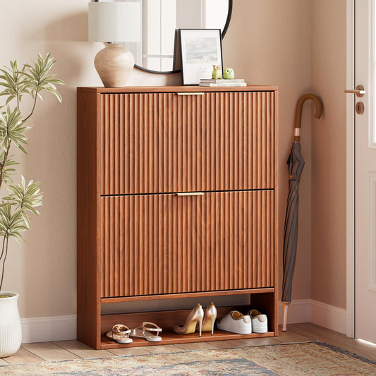 31.5''W Oak Shoe Cabinet Storage for Entryway, Narrow Hidden Shoe Storage with 2 Flip Drawers, Wooden Fluted Shoe Rack for Foyer, Hallway