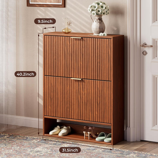 31.5''W Oak Shoe Cabinet Storage for Entryway, Narrow Hidden Shoe Storage with 2 Flip Drawers, Wooden Fluted Shoe Rack for Foyer, Hallway