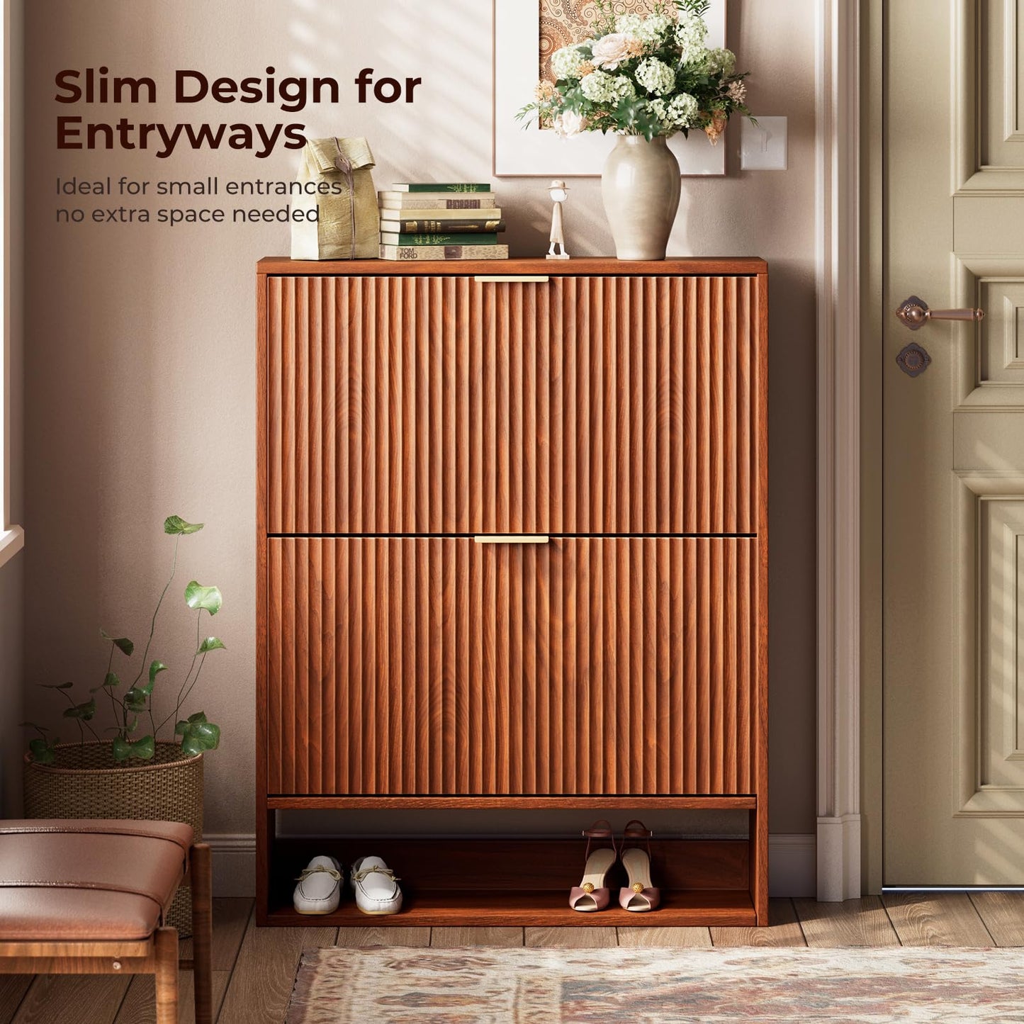 31.5''W Oak Shoe Cabinet Storage for Entryway, Narrow Hidden Shoe Storage with 2 Flip Drawers, Wooden Fluted Shoe Rack for Foyer, Hallway