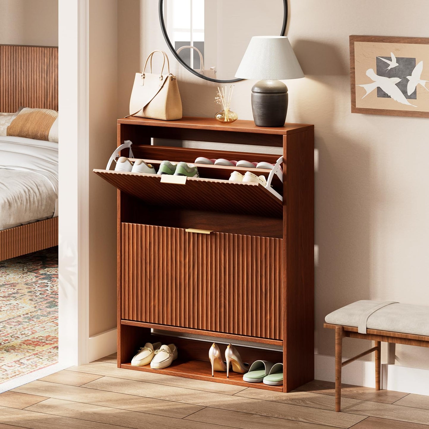 31.5''W Oak Shoe Cabinet Storage for Entryway, Narrow Hidden Shoe Storage with 2 Flip Drawers, Wooden Fluted Shoe Rack for Foyer, Hallway