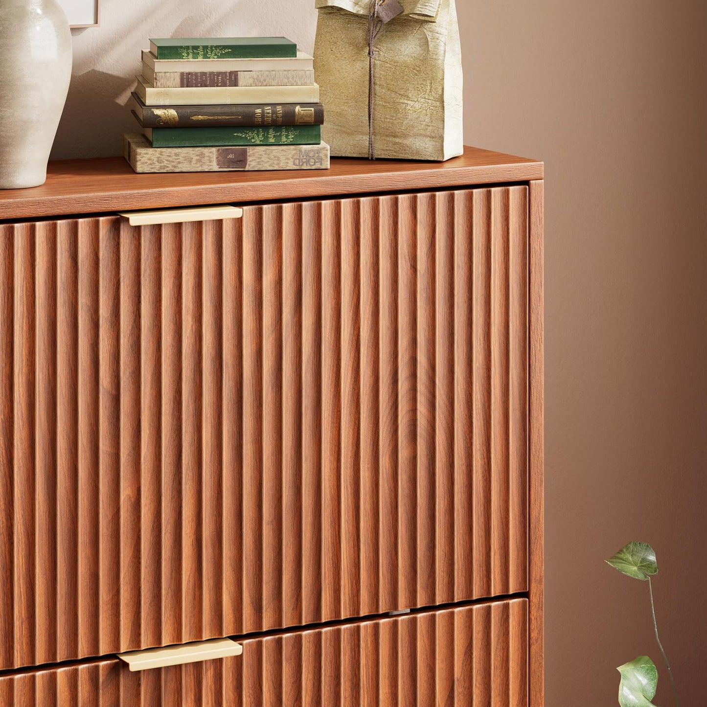 31.5''W Oak Shoe Cabinet Storage for Entryway, Narrow Hidden Shoe Storage with 2 Flip Drawers, Wooden Fluted Shoe Rack for Foyer, Hallway
