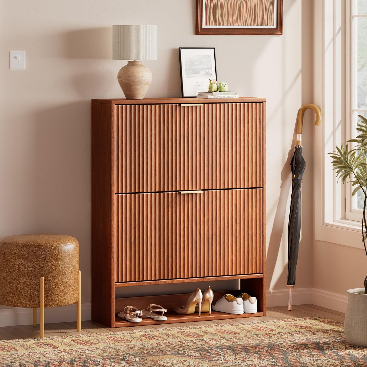 31.5''W Oak Shoe Cabinet Storage for Entryway, Narrow Hidden Shoe Storage with 2 Flip Drawers, Wooden Fluted Shoe Rack for Foyer, Hallway