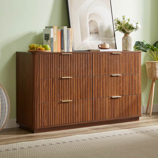 55" Walnut Fluted Dresser with 6 Drawers for Bedroom, Long Dresser TV Stand with Metal Handle, Wooden Modern Chest of Drawers with Curved Profile Design Organizer for Living Room and Hallway