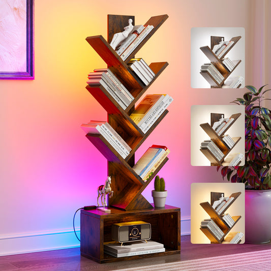Evermagin 6 Tier Tree Bookshelf with Lights, LED Book Tree Bookcase with Storage Organizer, Small Corner Bookshelf Floor Standing Book Shelf for Living Room, Bedroom & Home Office